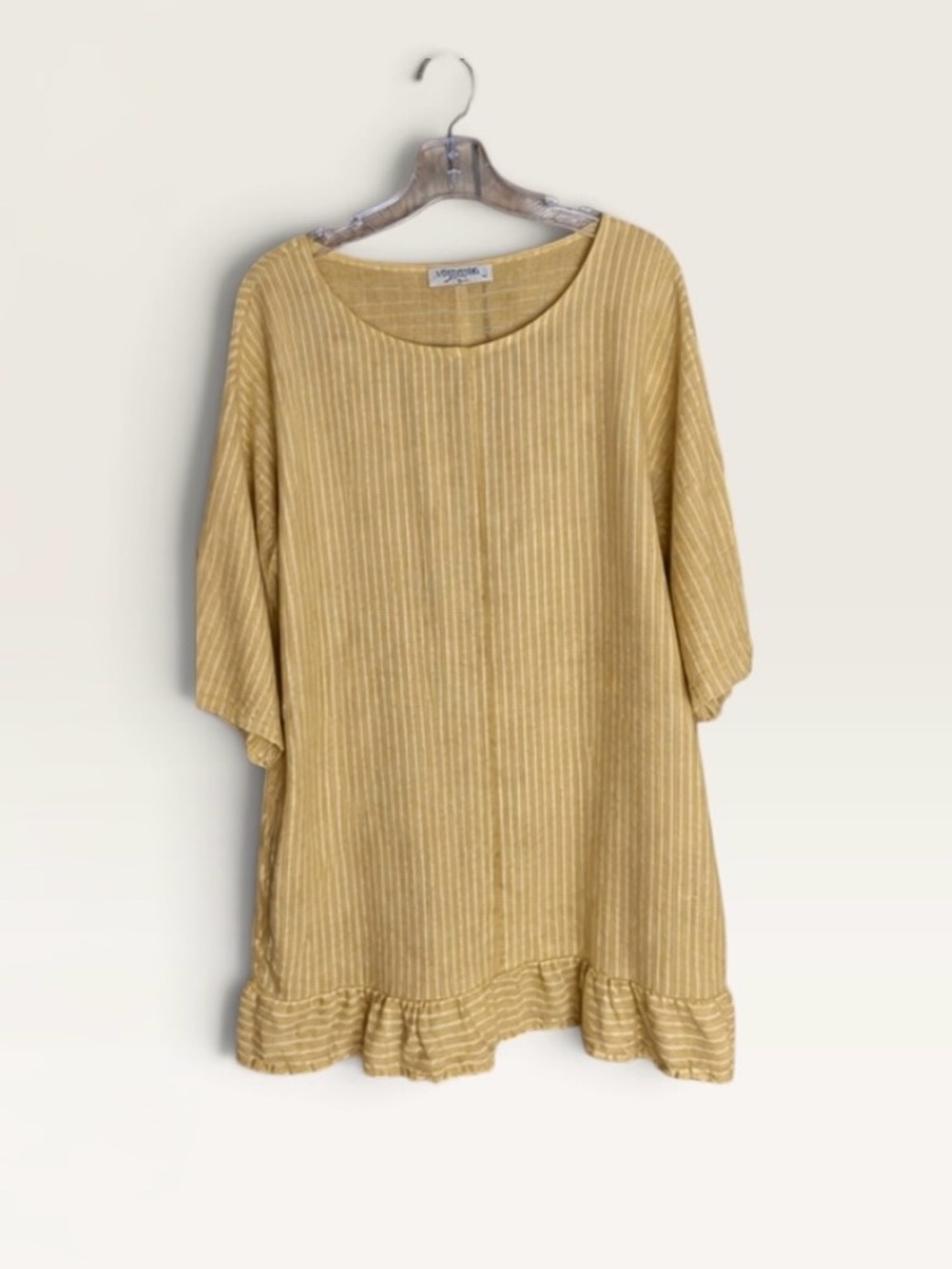 Lungo L'Arno Linen Tunic Top L Mustard Yellow Stripe Ruffle Hem Made in Italy
